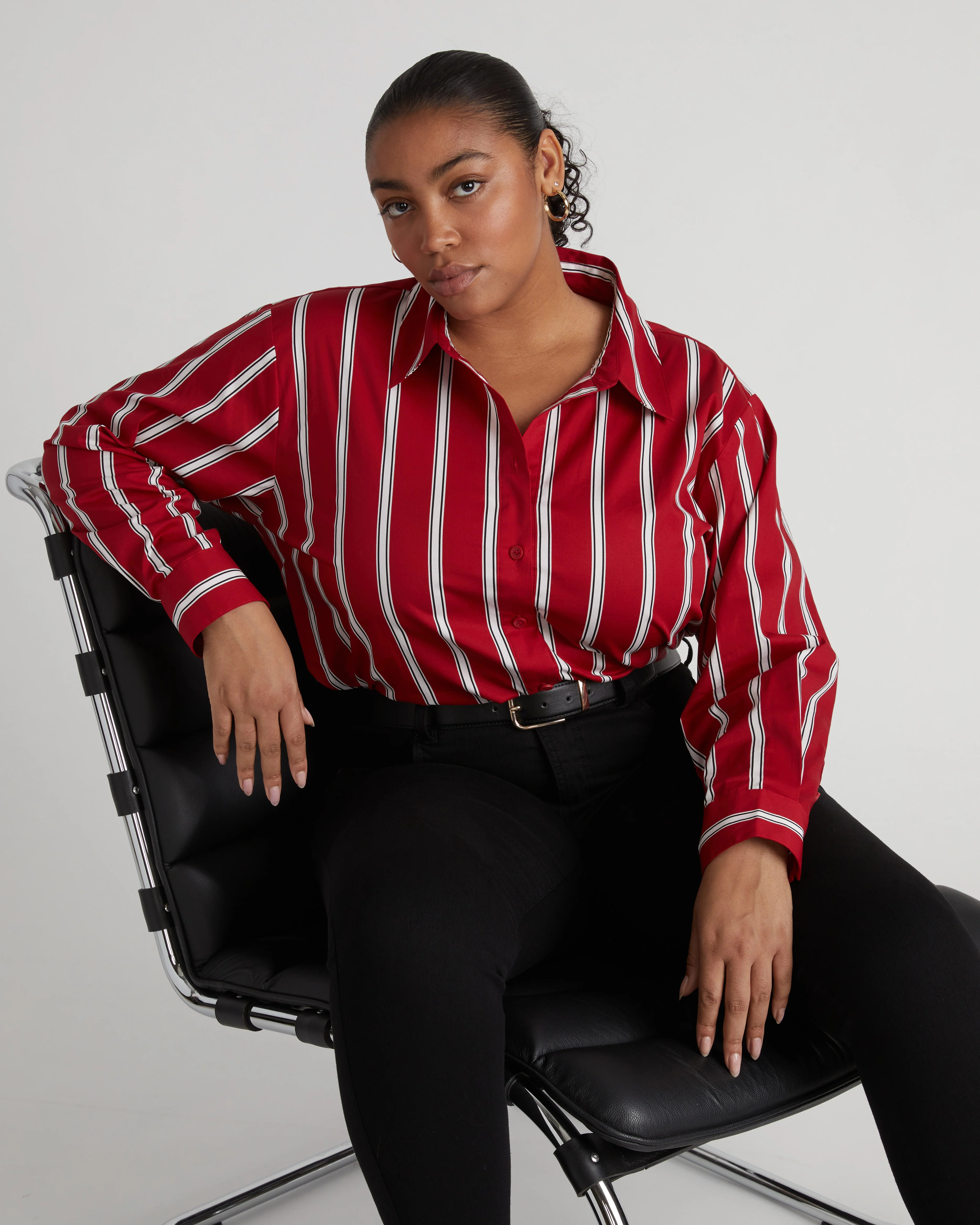 The Artist Poplin Shirt - Red/Black/White Stripe | Universal Standard