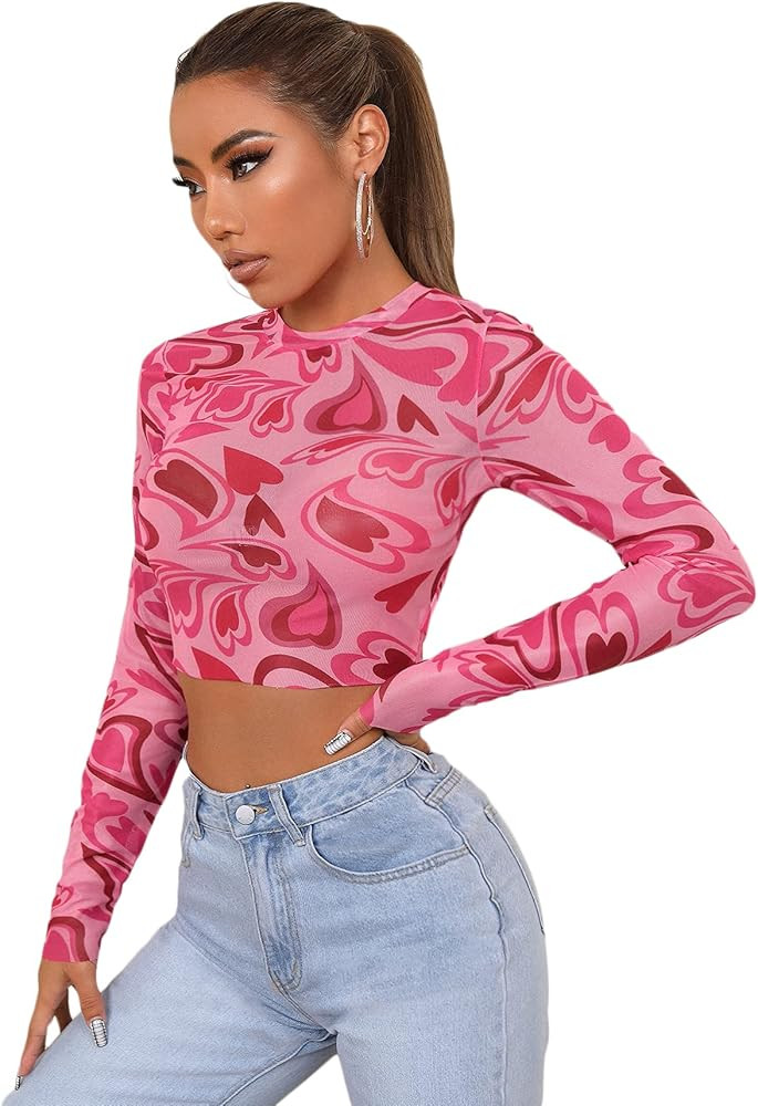 Floerns Women's Long Sleeve Slim Fit See Through Sheer Mesh Top | Amazon (US)