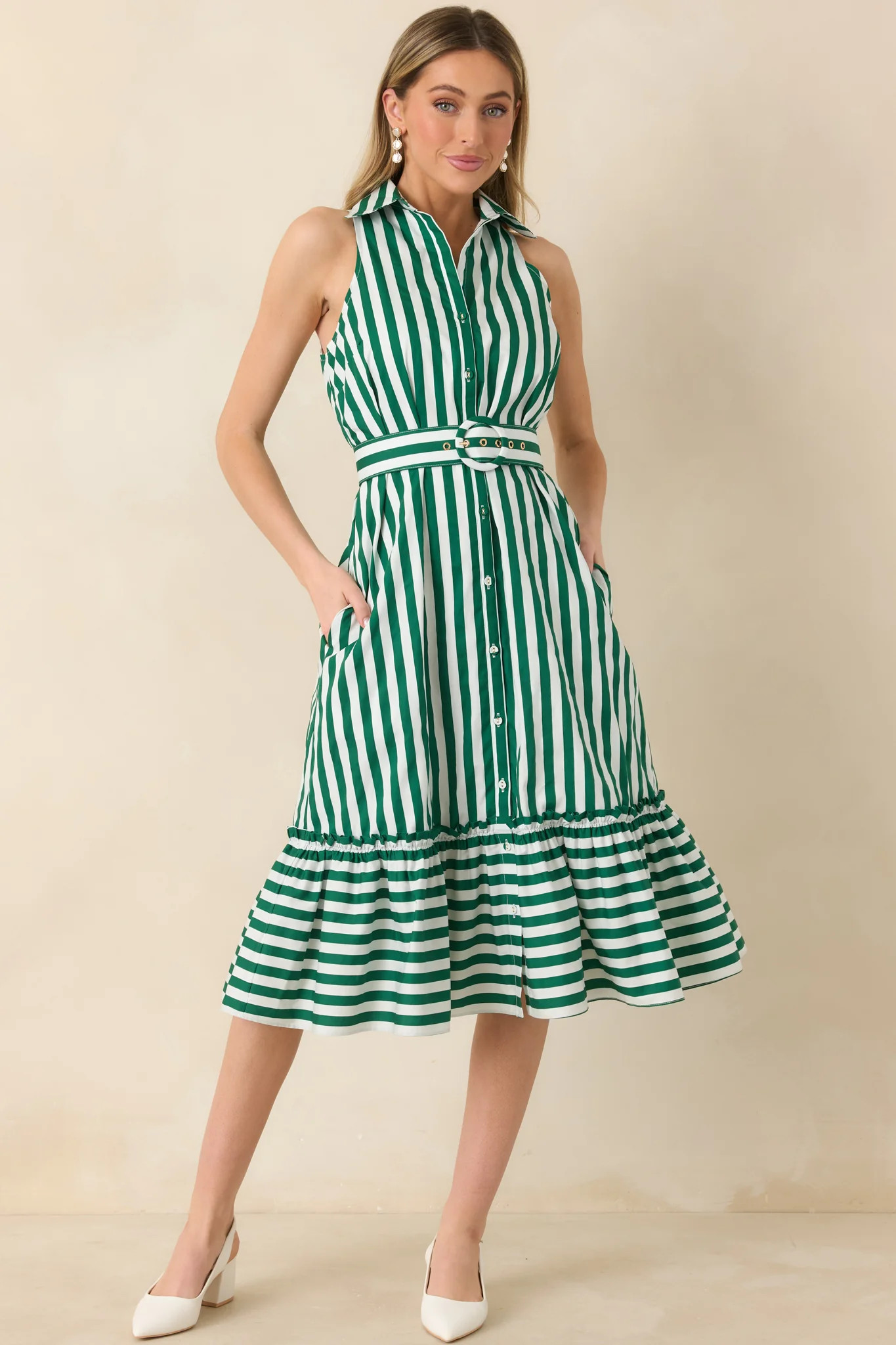 Prosperina Lourdes Green Stripe Cotton Sleeveless Midi Dress | Red Dress