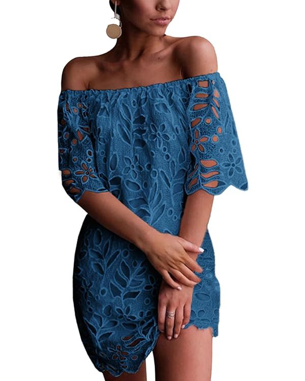 PRETTYGARDEN Women's Summer Off Shoulder Vintage Floral Lace Flare Short Sleeve Loose Elegant Min... | Amazon (US)