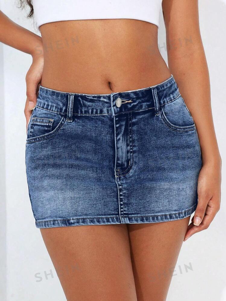 TrendsSHEIN EZwear Solid Color Fitted Zip Pocket Fashion Sexy Denim Mini Skirt | SHEIN