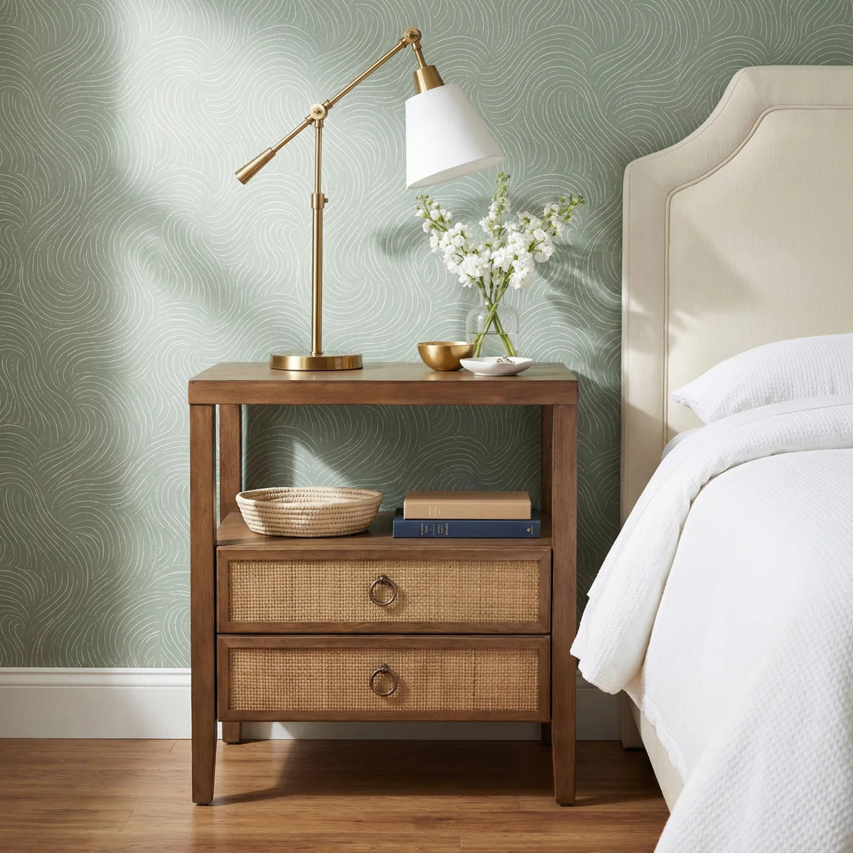 Clive 2 Drawer Nightstand 22"W With Shelf And Cane Doors, Medium Brown | Wayfair North America