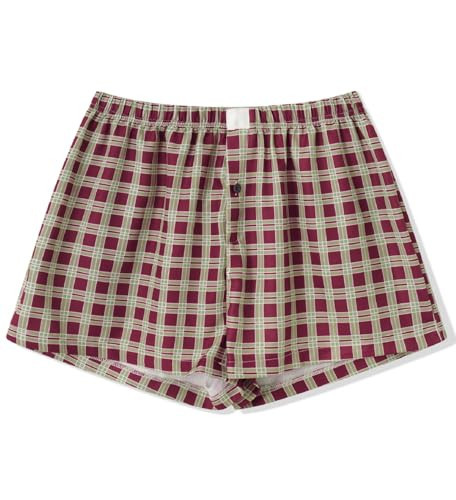 Y2k Cute Lounge Shorts for Women Plaid Print Sleep Shorts Elastic Waist Button Front Pajama Shorts Bottoms(Aa Coffee,X-Large) | Amazon (US)