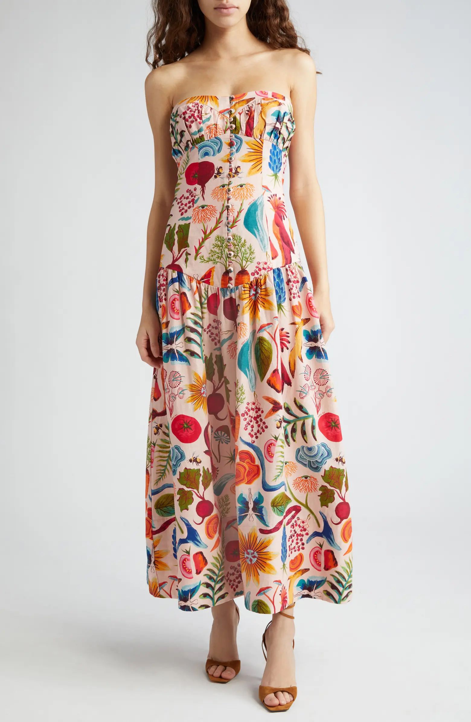 Bright Farm Print Strapless Linen Blend Maxi Dress | Nordstrom