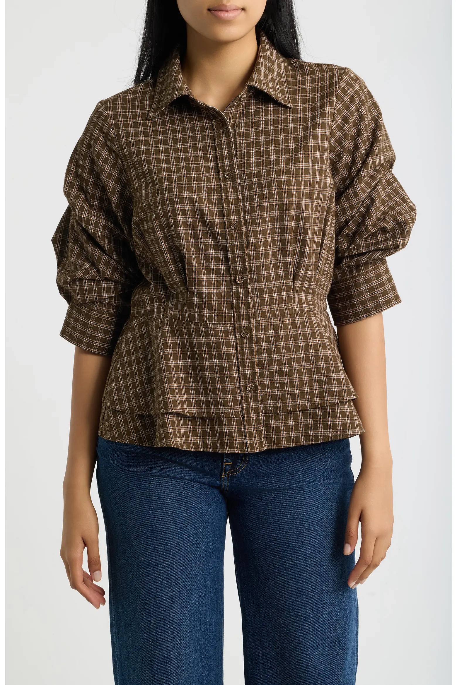 Wit & Wisdom Plaid Ruched Sleeve Peplum Shirt (Women) | Nordstrom | Nordstrom