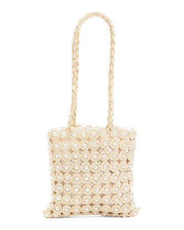 Straw Crochet Beaded Shopper With Faux Pearl Detailing | TJ Maxx