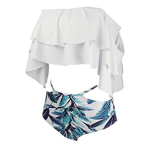 GIRL AND SEA Womens Falbala High Cut Off Shoulder Leaf Floral Bottom Padding Ruffle Swimsuits Bikini | Amazon (US)