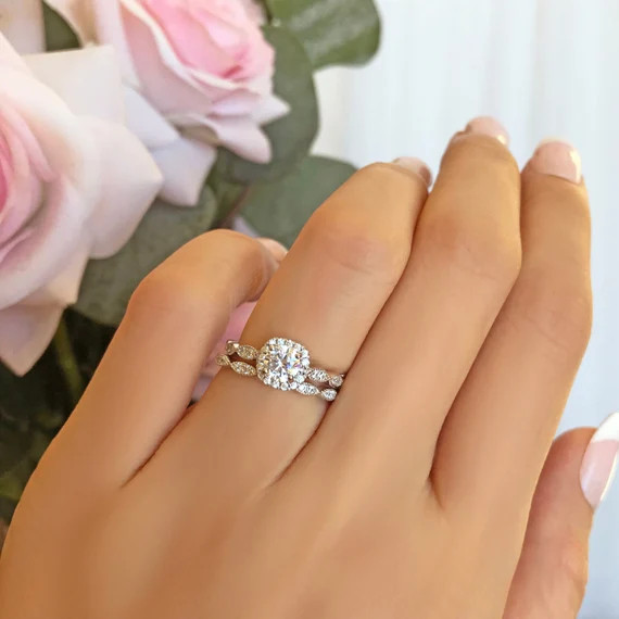 3/4 ctw Halo Wedding Set, Delicate Bridal Rings, Man Made Diamond Simulants, Art Deco Engagement ... | Etsy (US)