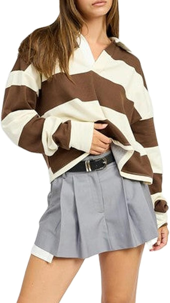 Women Y2k Oversized Striped Polo Shirt Long Sleeve Lapel Collar Cropped Rugby Top Vintage Color B... | Amazon (US)