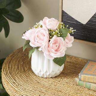 9 in. Pink Artificial Flower with Green Leaves and Round Ceramic Vase | The Home Depot