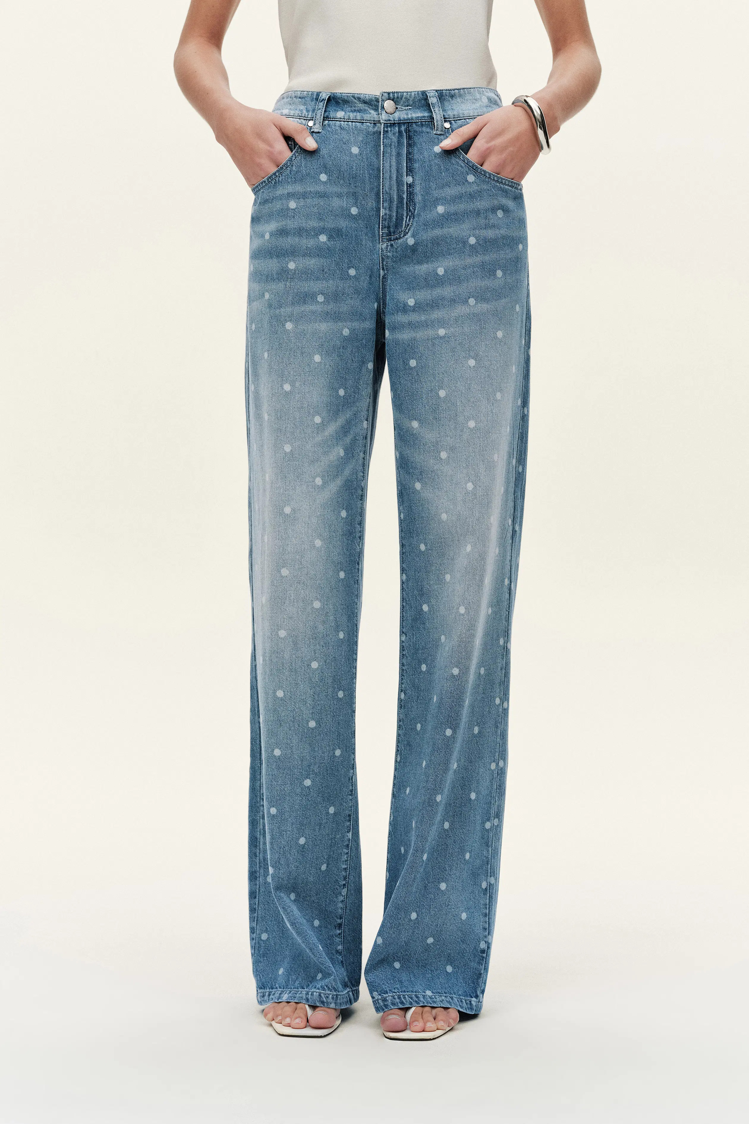 Elyra Polka Dot Straight Wide Leg Jeans in Lightweight Cotton Denim | Fabrique