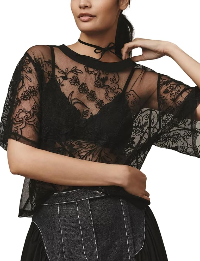 Arssm Lace Mesh Top Women Short Sleeve Floral Embroidered Sheer Blouse Sexy See Through Lace Laye... | Amazon (US)