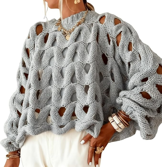 Yimoon Women's Crochet Sweater Hollow Out Sweaters Oversized Pullover Long Sleeve Crew Neck Croch... | Amazon (US)