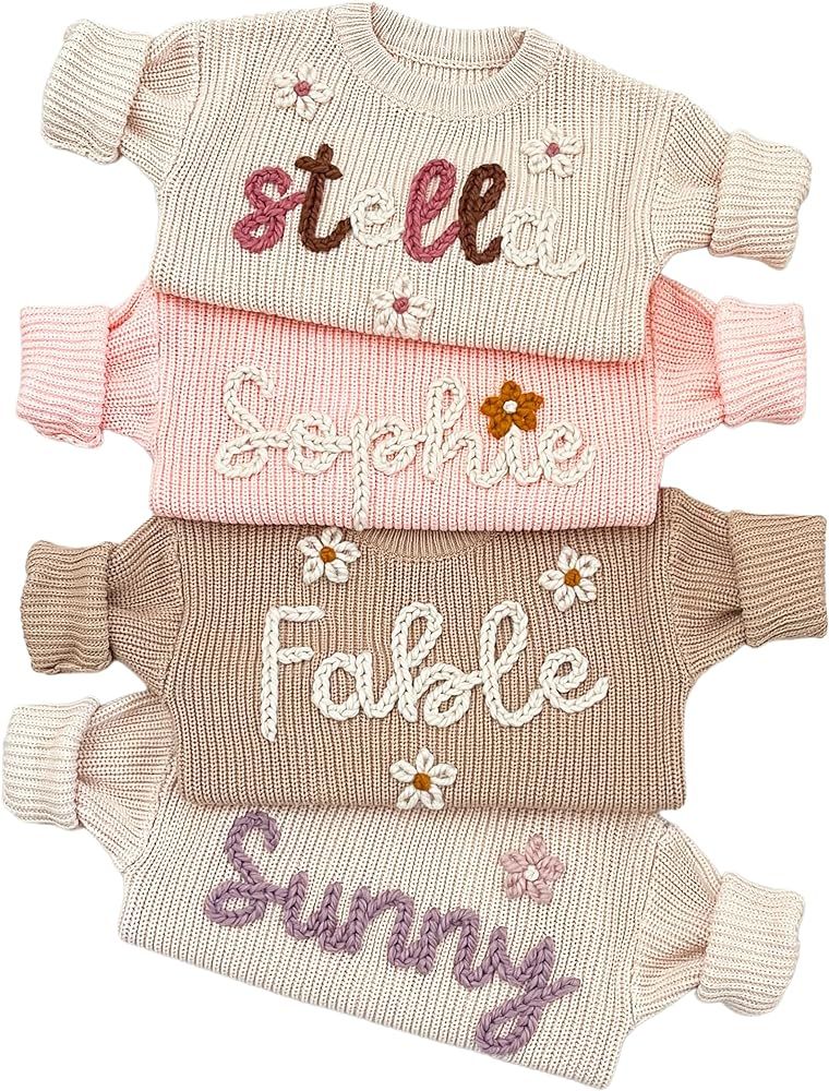 NAZENTI Personalized Baby Sweater, Customized Baby Knit Sweater with Hand-Embroidered Name and Mo... | Amazon (US)
