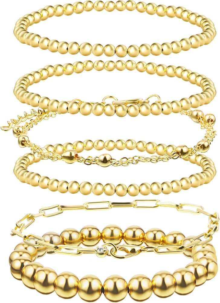 Hicarer 6 Pieces Gold Beaded Bracelets Set Include 4 Plated Bead Ball Bracelet, Paperclip Chain B... | Amazon (US)
