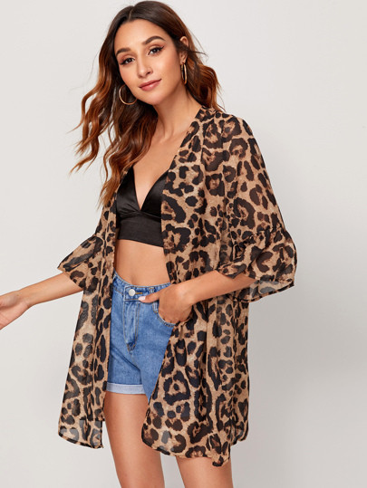 Leopard Print Flounce Sleeve Kimono | SHEIN