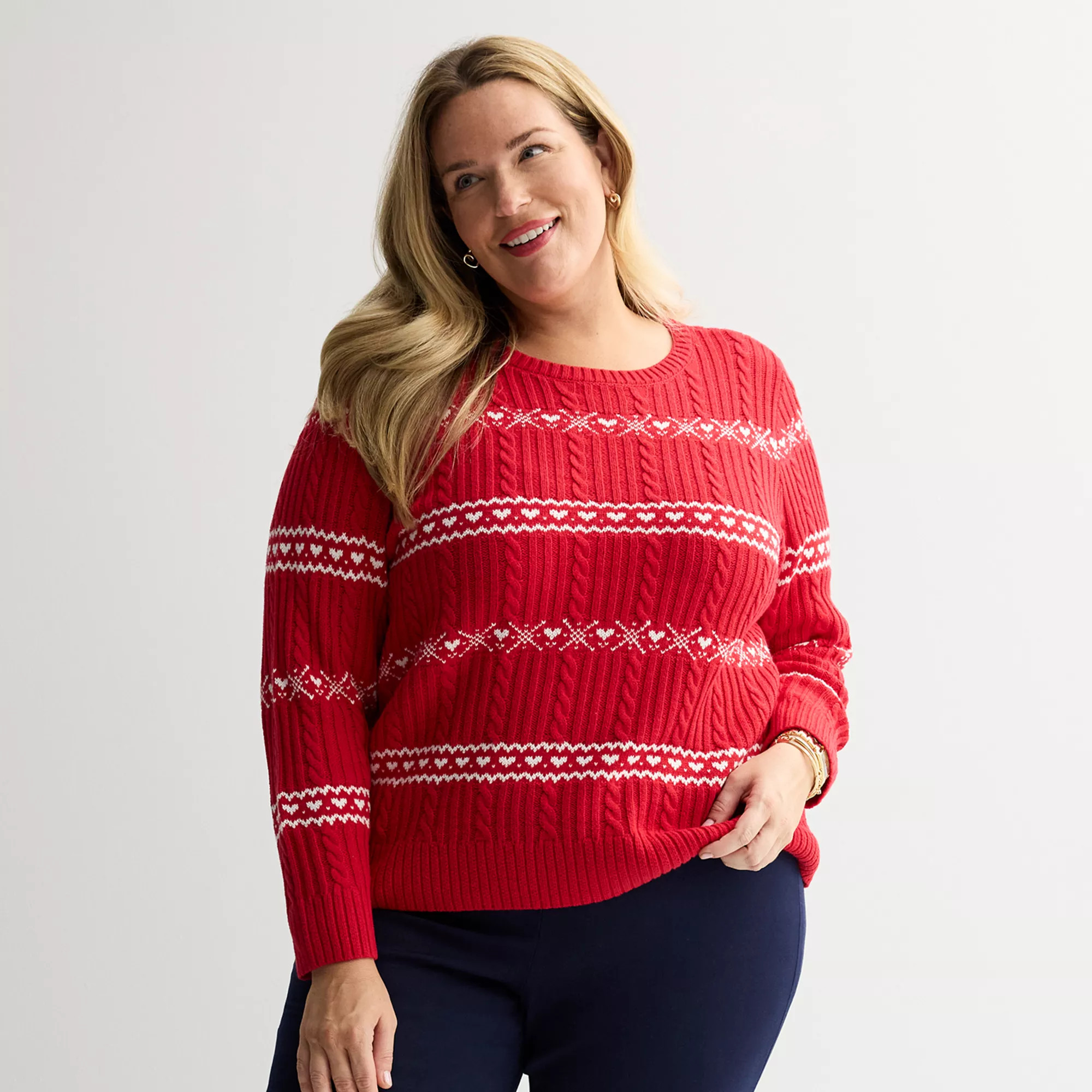 Plus Size Croft & Barrow® Valentine Fair Isle Cable Knit Sweater | Kohl's