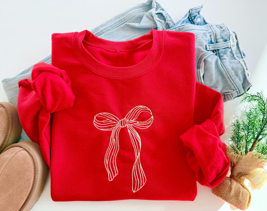 Festive Christmas Bow Sweatshirt for Women – Embroidered Holiday Pullover in Red With White Bow... | Etsy (US)