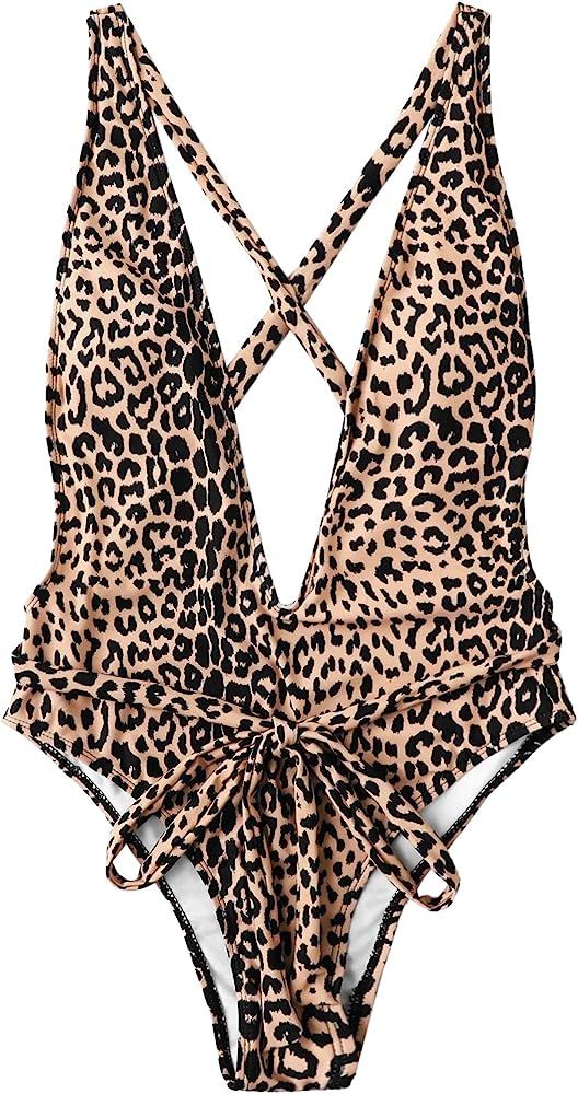 SweatyRocks Women's Sexy Bathing Suits Criss Cross Tie Knot Front Deep V Open Back Leopard One Piece | Amazon (US)