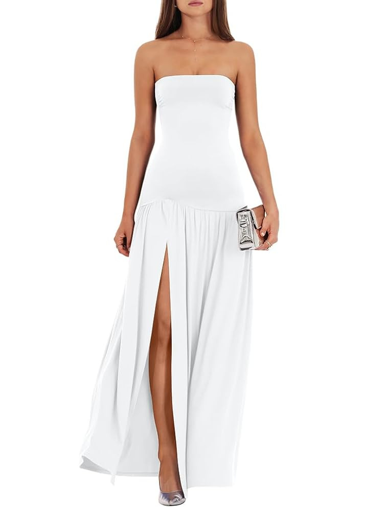 LAGSHIAN Women's Summer Strapless Flowy Maxi Dress Tube Bodycon Split A Line Long Party Dresses | Amazon (US)