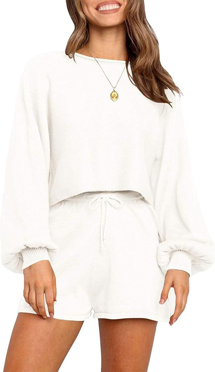 SYZRI Women's 2 Piece Knit Outfits Puff Sleeve Crop Top Shorts Set Sweater Sweatsuit | Amazon (US)