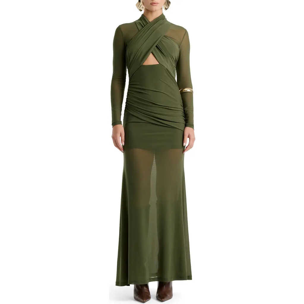 Bardot Veria Long Sleeve Wrap Mesh Maxi Dress in Khaki at Nordstrom, Size 6 | Nordstrom