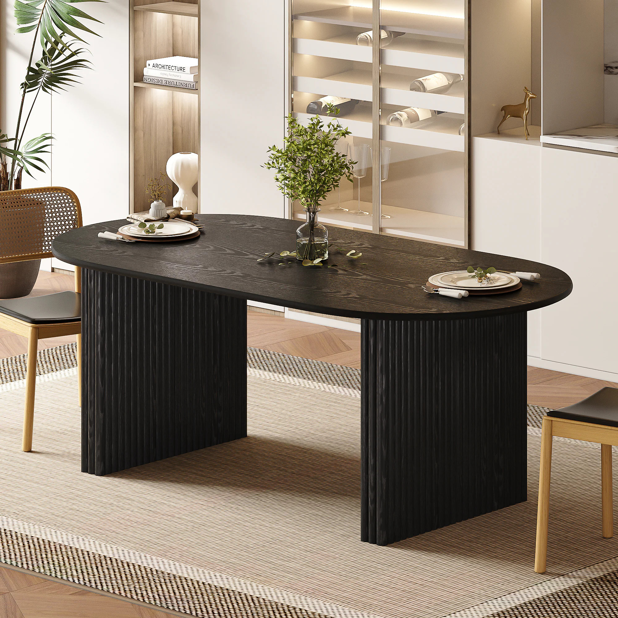 Dovelina Solid Wood Modern Dining Table Kitchen Table with Fluted Base for 6 People one_size in Black | LS0102-092507 | Lowe's