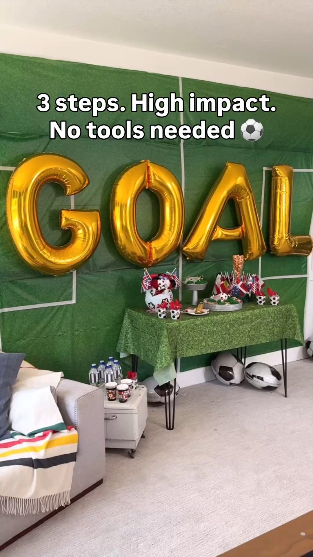 Low effort, high impact soccer party backdrop!

Just three steps to the most impressive soccer party backdrop you've ever made ⚽
 
the knockout stages are coming — your watch party needs this!!
blue tack, grass roll, masking tape pitch lines and GOAL balloons. no tools, no damage, high impact
 
she shoots — she scores 🥅
save this right now 🏆
#soccerparty #diysoccerparty #WorldCup2026 #soccerbackdrop

#LTKmomlife #LTKMens #LTKKids