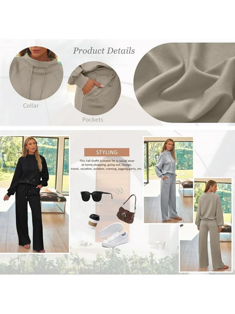 SUNBS 2 Piece Outfits Women Sweatsuits Drawstring Sweatshirt Lounge Sets 2025 Fall Wide Leg Sweat... | Walmart (US)