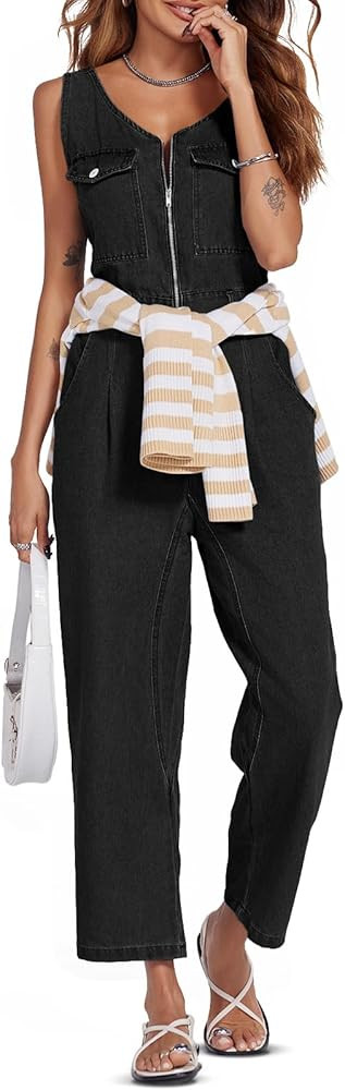 PLNOTME Womens Summer Denim Jumpsuits Zip Up Casual Cropped Sleeveless Jeans Overall Jumpsuits wi... | Amazon (US)