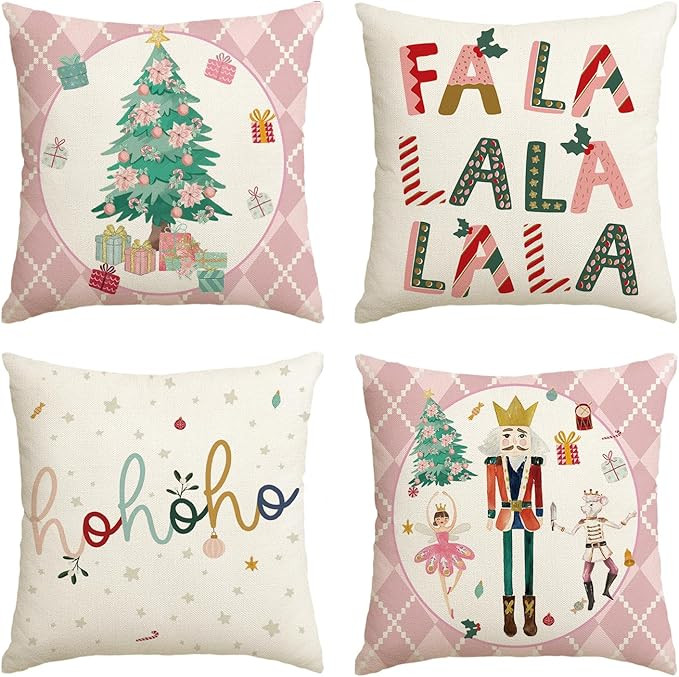 AVOIN colorlife Merry Christmas Nutcracker Pink Throw Pillow Covers, 18 x 18 Inch Winter Holiday ... | Amazon (US)