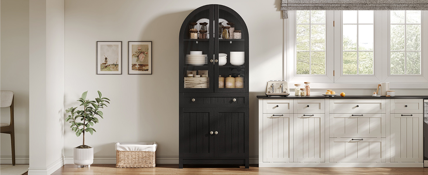 YITAHOME 71" Arched Pantry Cabinet with Glass Door, Shelves & Drawer, Black | Amazon (US)