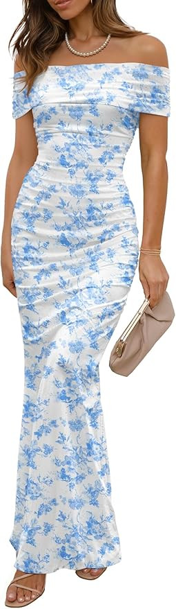 Women's Mesh Floral Maxi Dress 2025 Summer Off The Shoulder Ruched Bodycon Long Cocktail Party Fi... | Amazon (US)