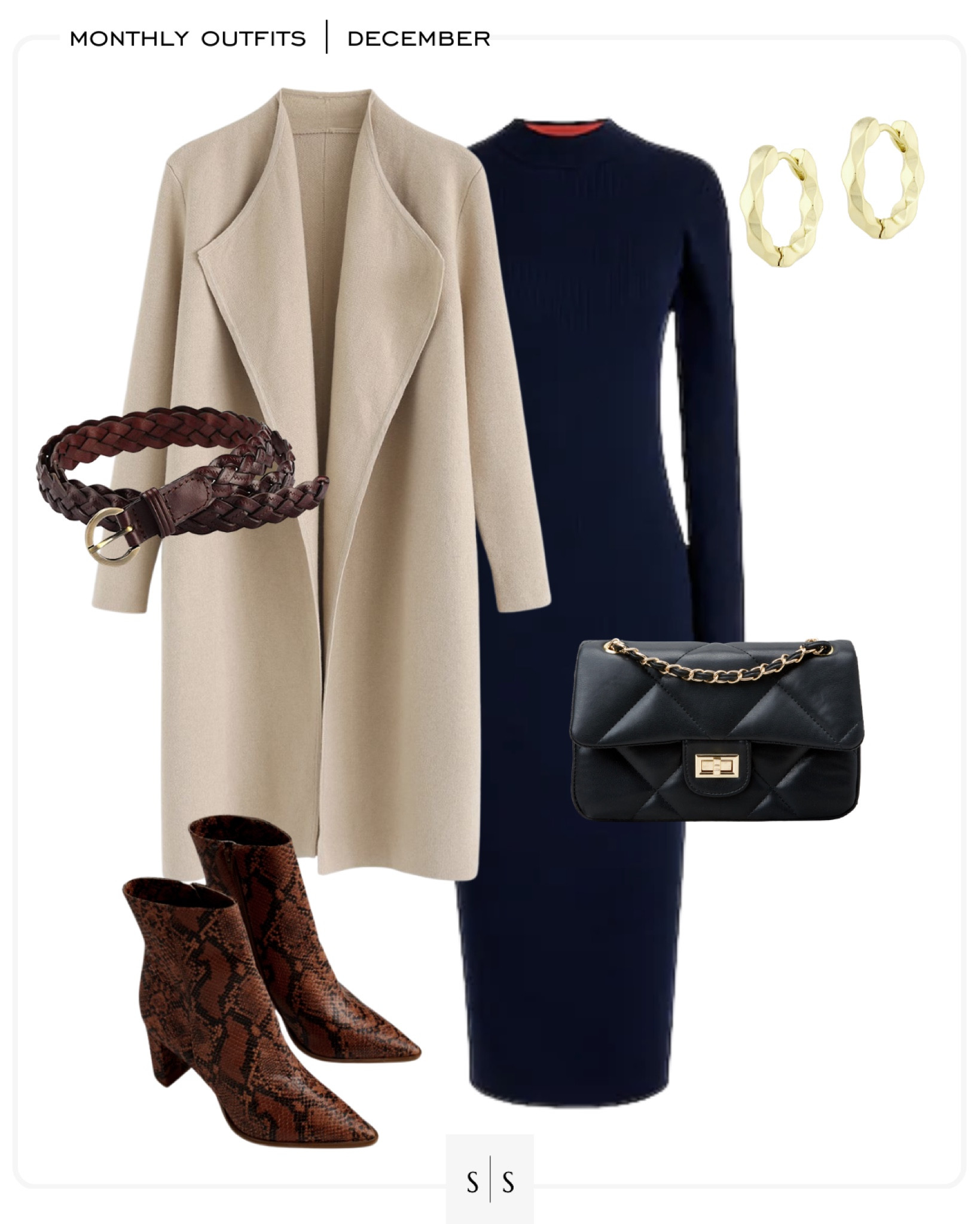 Monthly outfit planner : DECEMBER looks | #sweaterdress #coatigan #snakeleatherboot #classicstyle #winteroutfit | See entire calendar on thesarahstories.com  ✨

#LTKstyletip