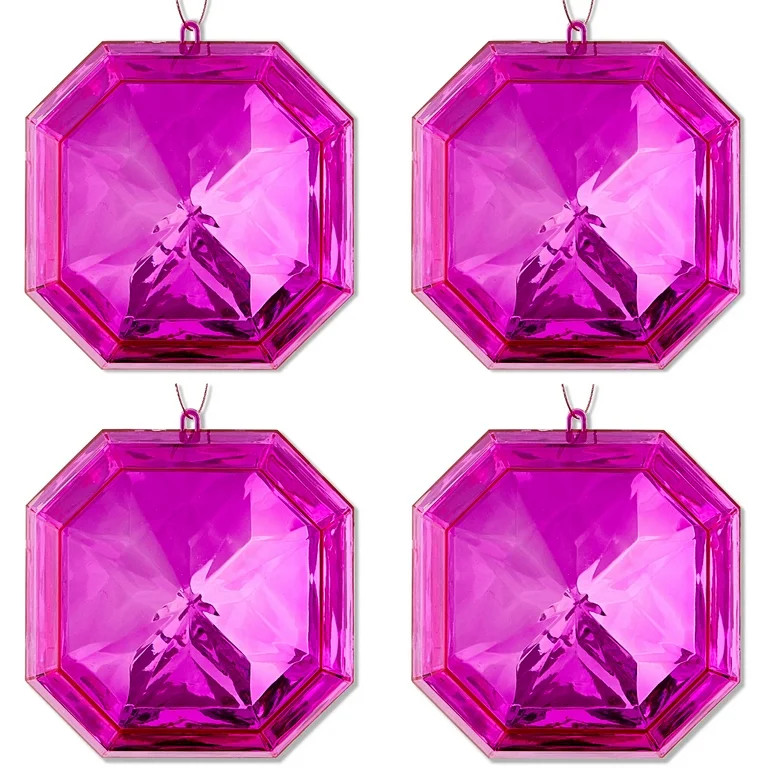 4 Count Dark Pink Square Gem Christmas Ornaments, 4", by Holiday Time | Walmart (US)