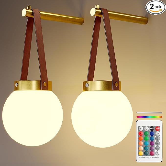 Battery Operated Wall Sconces Set of 2, Gold Wireless Globe Wall Lights with Remote Control Warm/... | Amazon (US)