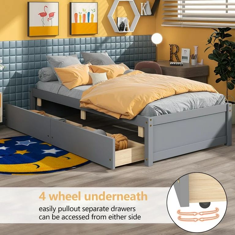 uhomepro Wood Platform Bed Frame with Storage Drawers, Classic Pine Wood Twin Bed Frame for Kids,... | Walmart (US)