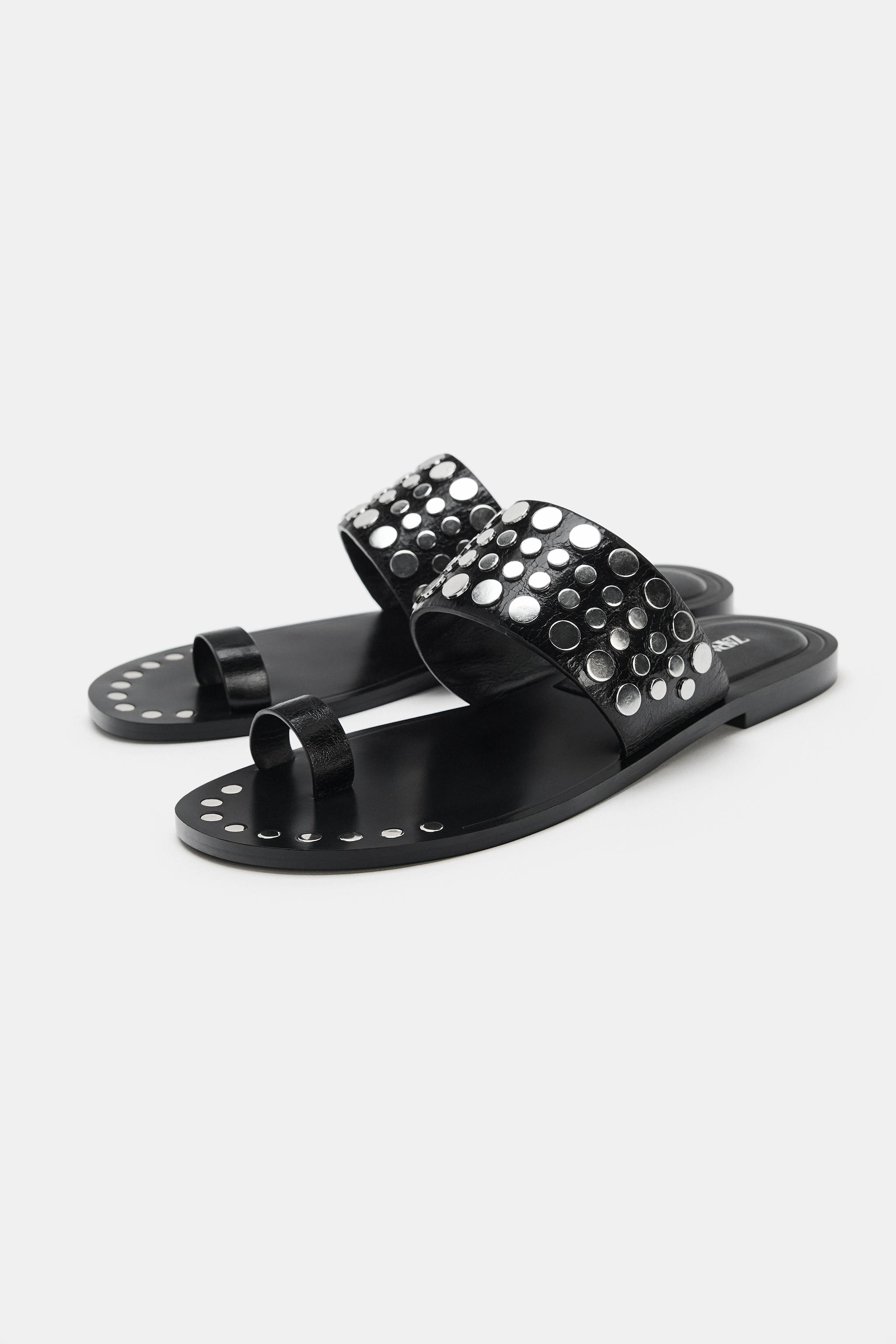 FLAT LEATHER SANDALS WITH STUDS | Zara US