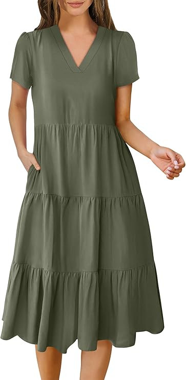 ANRABESS Women's Summer Casual Short Sleeve V Neck Midi Dresses 2025 Spring Flowy A-line Tiered T... | Amazon (US)