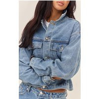 Mid Blue Wash Pleated Cinch Back Denim Jacket | PrettyLittleThing US