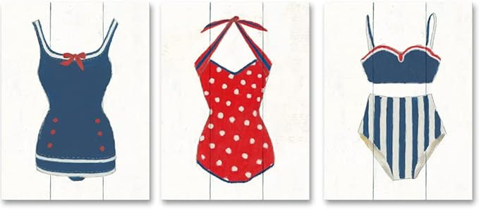 Blue and Red Vintage Swimuit Wall Art Prints Navy Woman Bathing Suits Retro Artwork on Wood Textu... | Amazon (US)