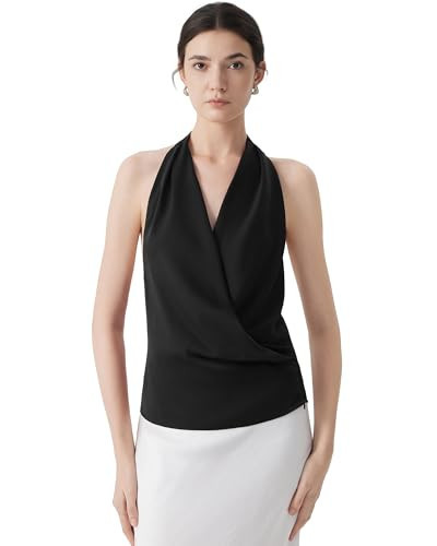 SUUKSESS Women Silk Satin Tank Tops Sexy Backless Halter Neck Tie Back Tops Summer Sleeveless Shirts (Black, S) | Amazon (US)
