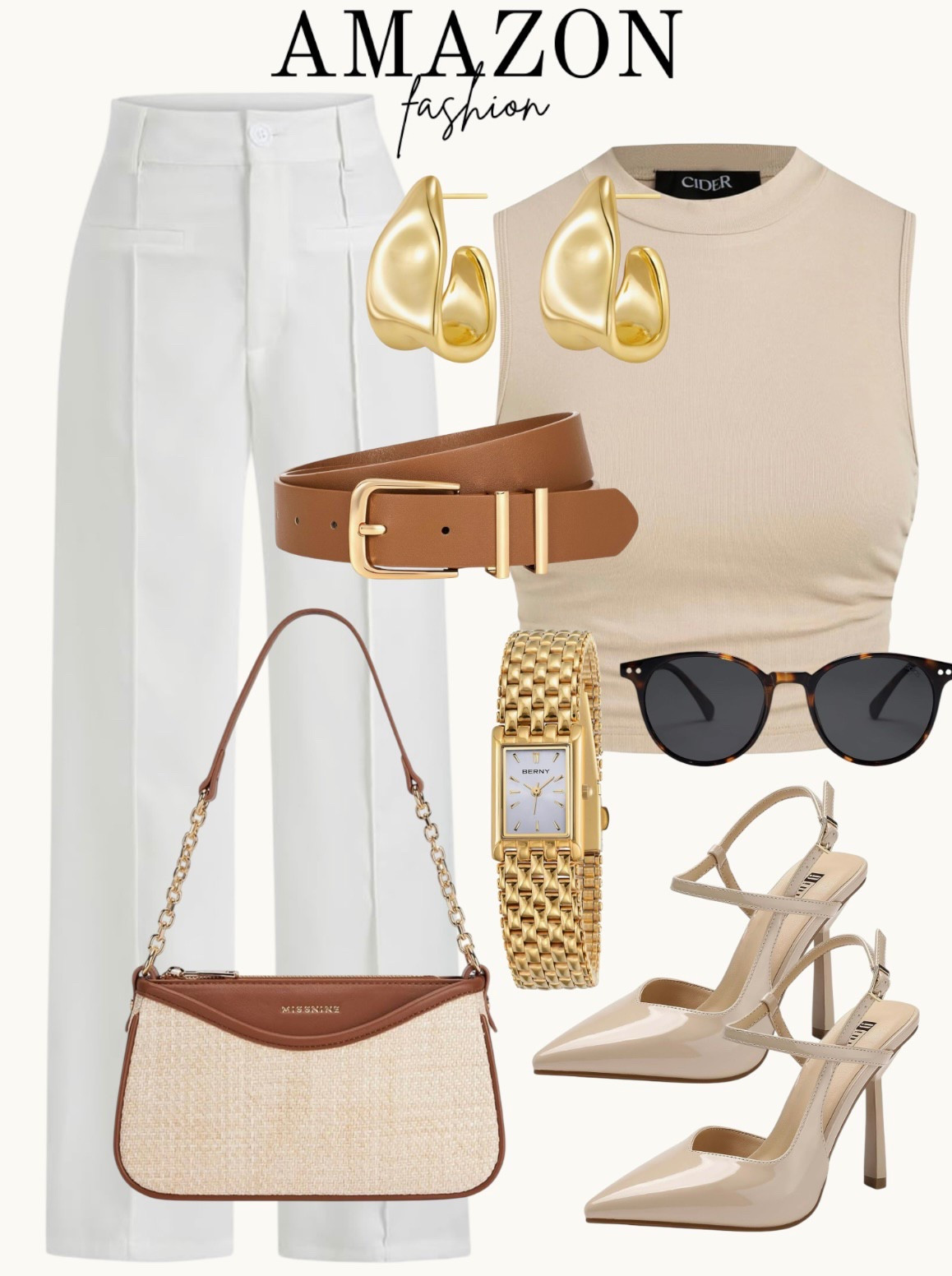 Women’s business attire 🫶🏼🤎 everything pictured is under $50

White trousers, tan brown belt, gold jewelry, pointed toe beige heels, beige crop top, Work outfit, classy chic 

#LTKWorkwear #LTKFindsUnder100 #LTKStyleTip