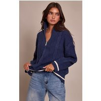 Navy Zip Detail Cable Knit Oversized Sweater | PrettyLittleThing US