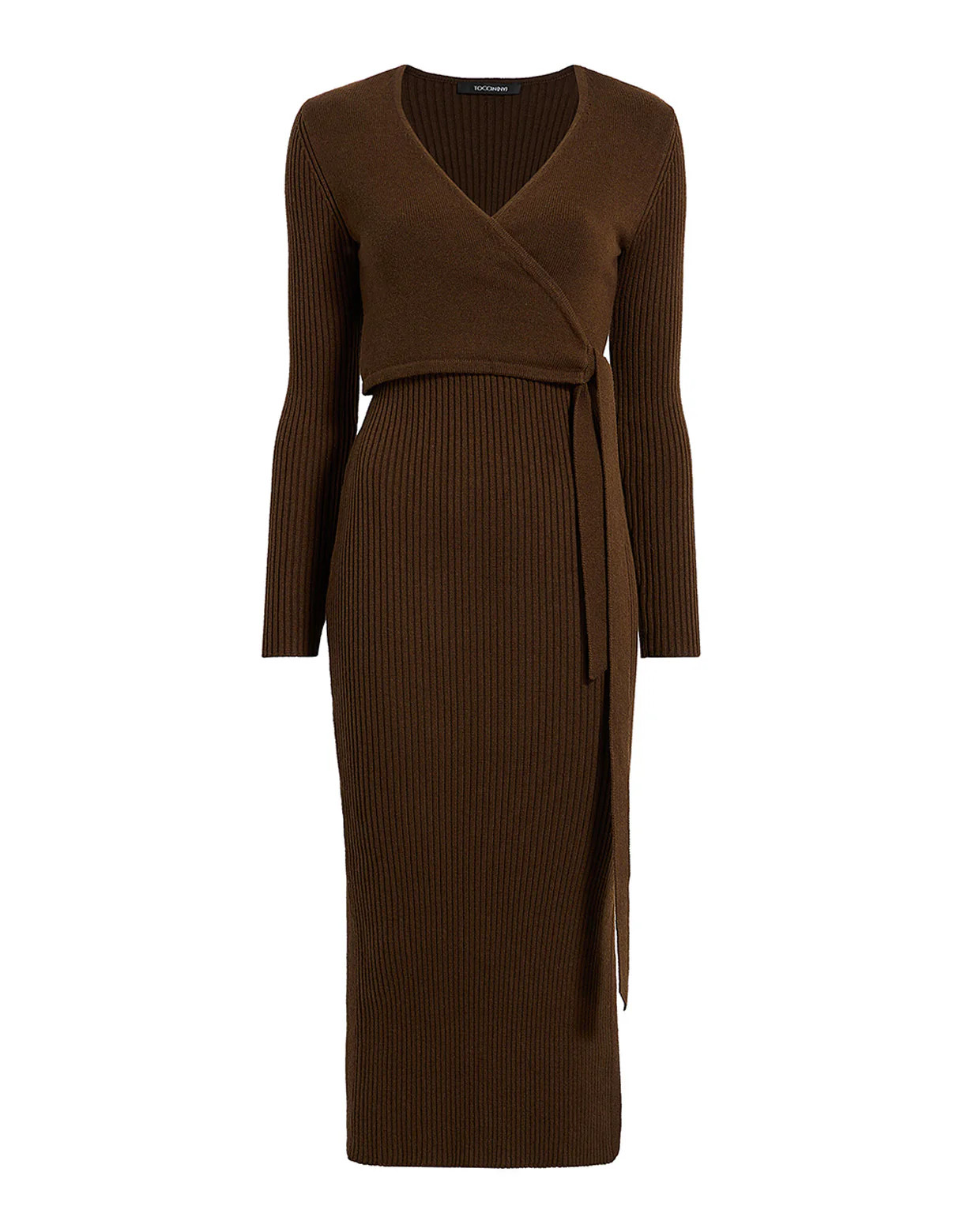 Caroline Wrap V Neck Sweater Dress Chocolate Brown | Toccin