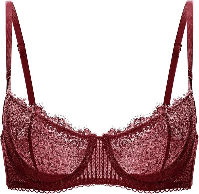 DOBREVA Women's Sexy Lace Push Up Plus Size Bra Sheer Balconette Underwire Unlined | Amazon (US)