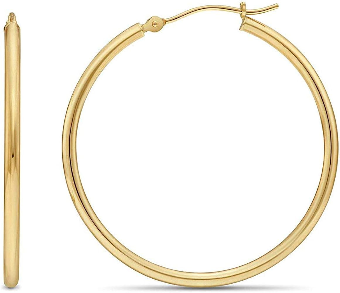 14k Yellow Gold Classic Shiny Polished Round Hoop Earrings, 2mm tube | Amazon (US)