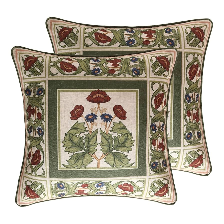 Design Linen Square Throw Pillow Covers 18"x18" Pack of 2, Yellow Green French Cushion Covers wit... | Amazon (US)