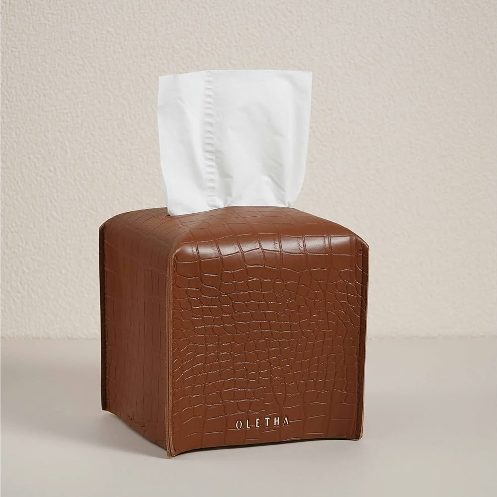 OLETHA Aesthetic Square Tissue Box Cover, Tissues Cube Box Holder, Crocodile Textured, Brown | Amazon (US)