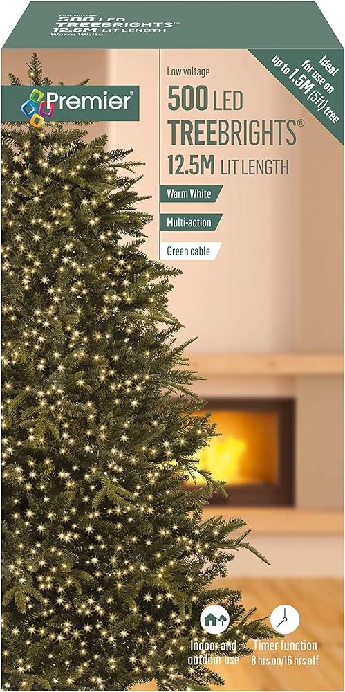Premier Decorations 500 Supabright Christmas TREEBRIGHT Festive Lights, Warm White LEDs with Gree... | Amazon (UK)